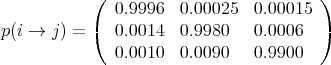            (                            )
              0.9996  0.00025  0.00015
p(i → j) = (  0.0014  0.9980   0.0006   )
              0.0010  0.0090   0.9900
      